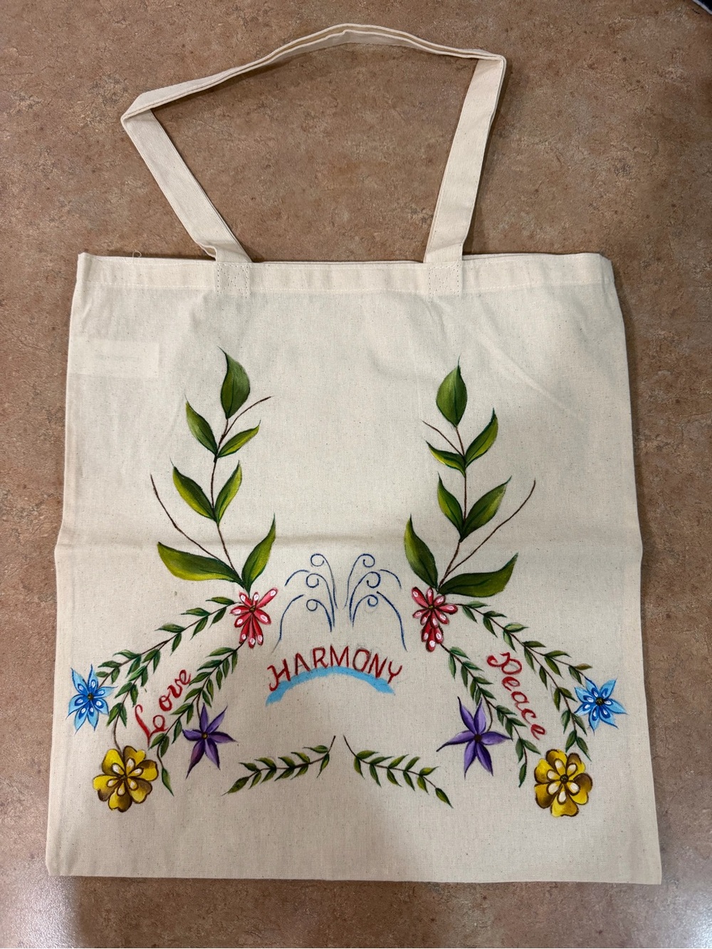 Hand-Painted Floral Harmony Canvas Tote — Cream